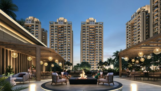 ACE ARTE landscaped lounge with the towers at dusk